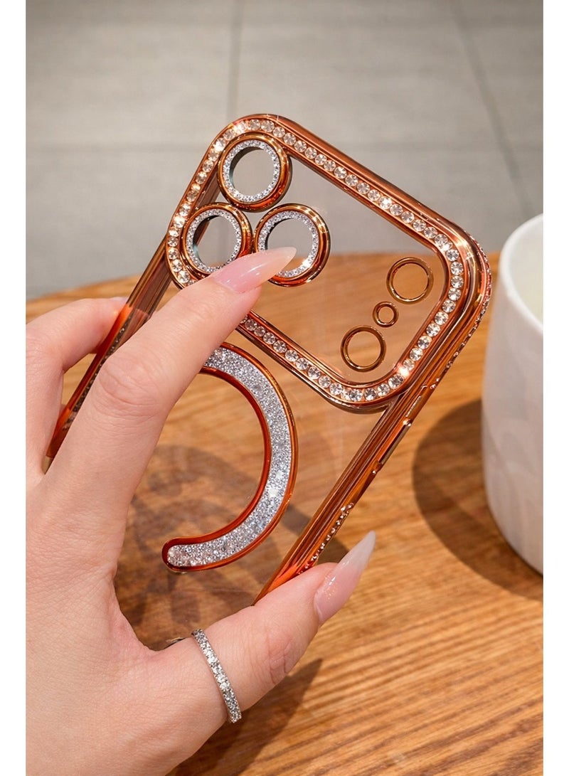 جراب فاخر مرصع بالألماس لهاتف iPhone 17 Pro Max - غطاء شفاف لامع بتصميم أنيق مع حلقة مغناطيسية، يدعم الشحن اللاسلكي، حماية للكاميرا، وتصميم نحيف. - Image 2